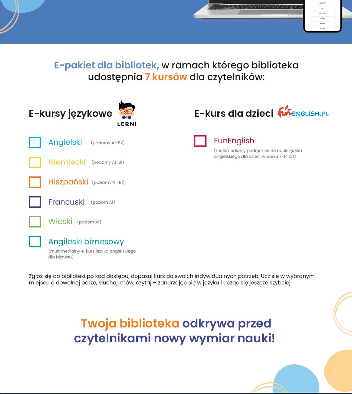 Plakat informujący o pakietach z kursami językowymi w bibliotece