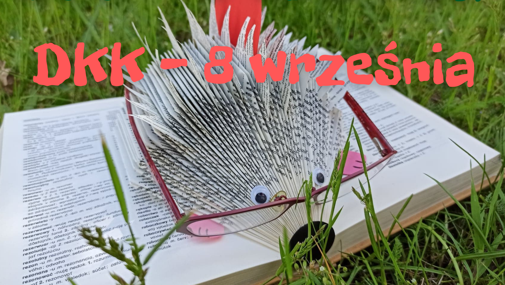 Zdjęcie przedstawia otwartą książkę, leżące na trawie. Z kartek książek zrobiony jest jeż na zasadzie zabawy w origami