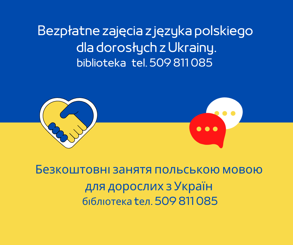 Plakat proponujący zajęcia z języka polsiego dla Ukraińców. Na tle niebiesko-żółtym